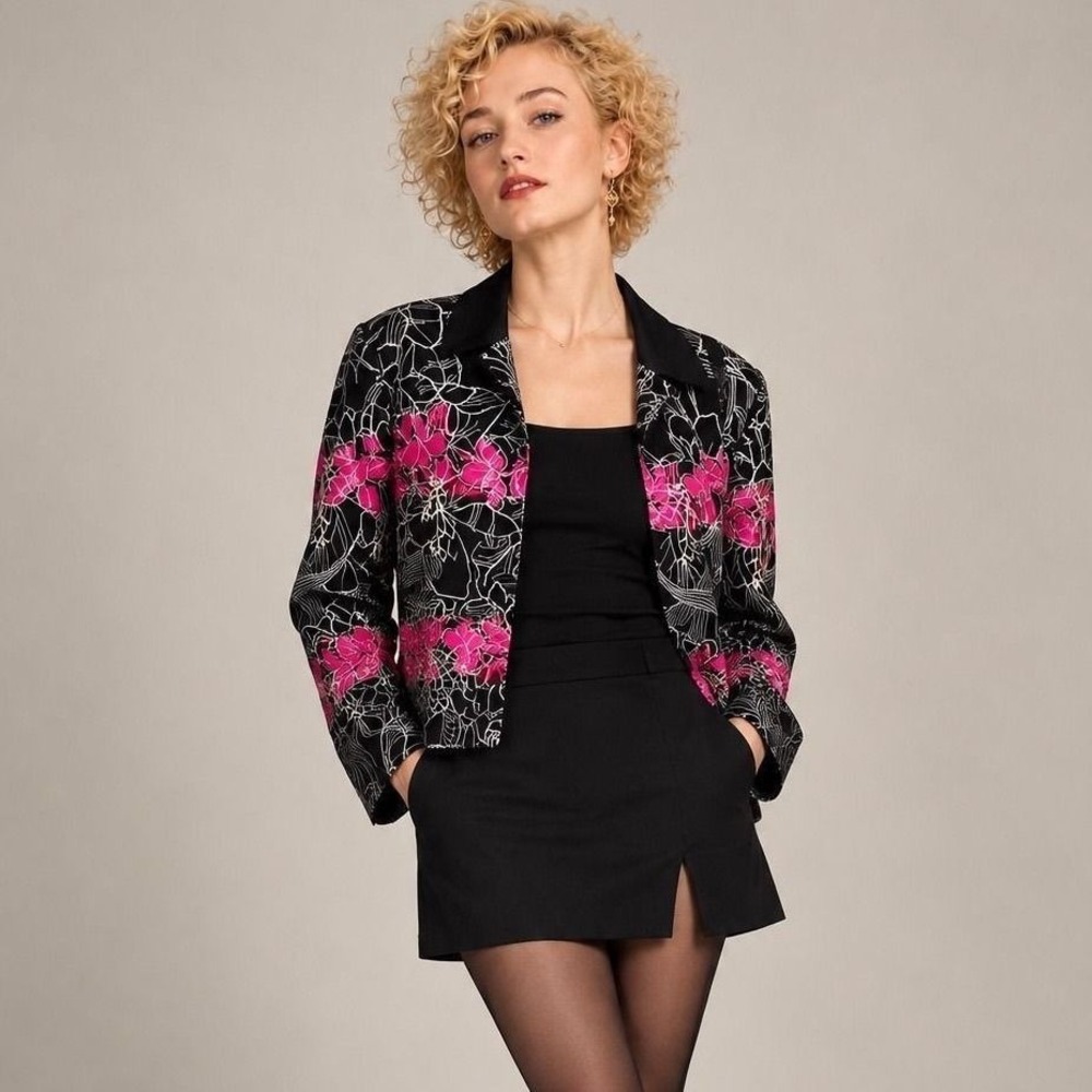 Chico's 3 Black Pink Silk Blend Embroidered Floral Jacket